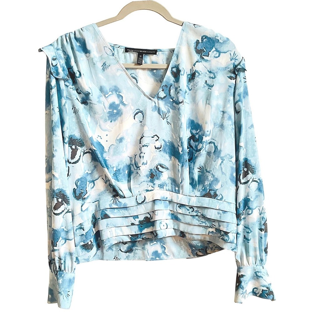 White House Black Market women's pleated waist blouse blue floral BoHo 12